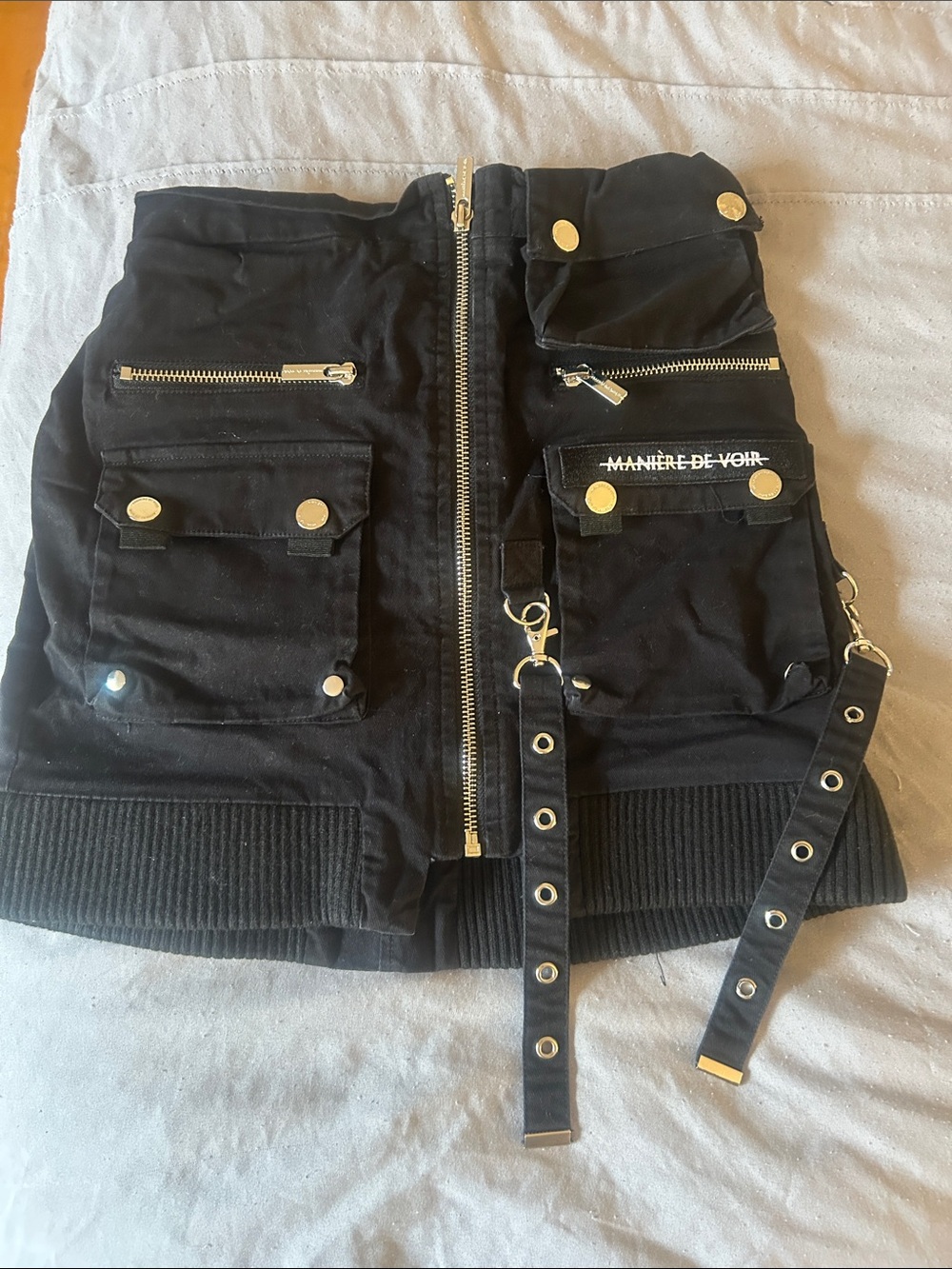 Maniere De Voir Black Cargo Mini Skirt with Utility Pockets & Zippers